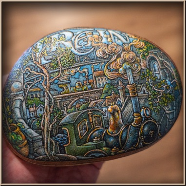 Train and Town Scene - Painted Rock